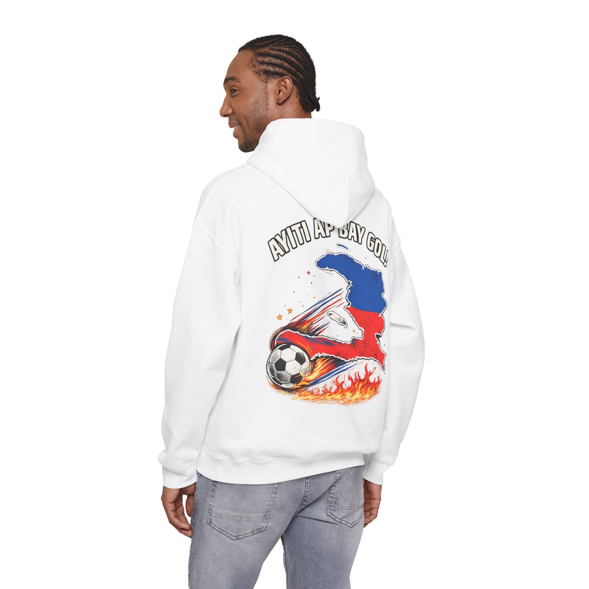 Hoodie — Ayiti Ay Gay Go! Haitian Flag Soccer Flames Hooded Sweatshirt