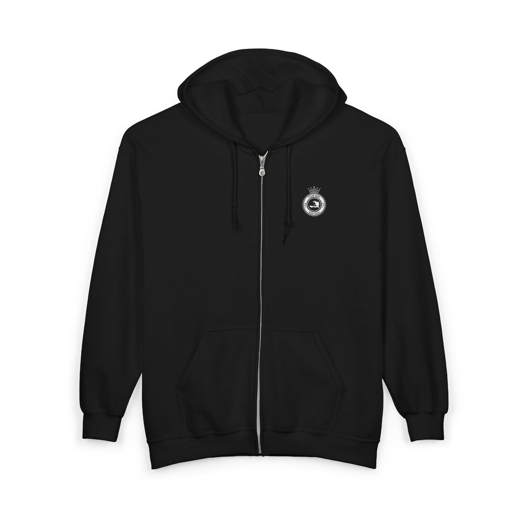 Minimalist Emblem Zip Hoodie — Small Crest Logo on Chest & Flag Detail