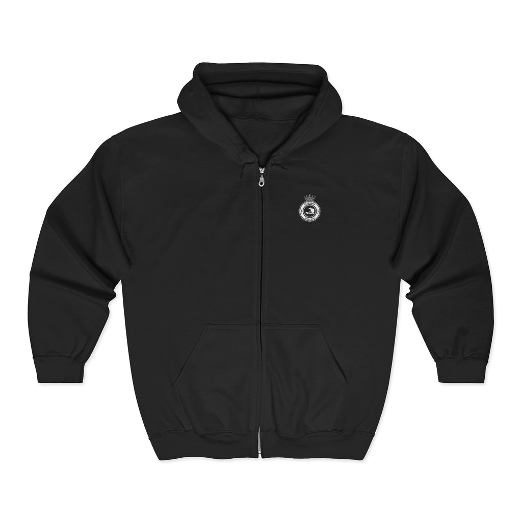 Minimalist Emblem Zip Hoodie — Small Crest Logo on Chest & Flag Detail
