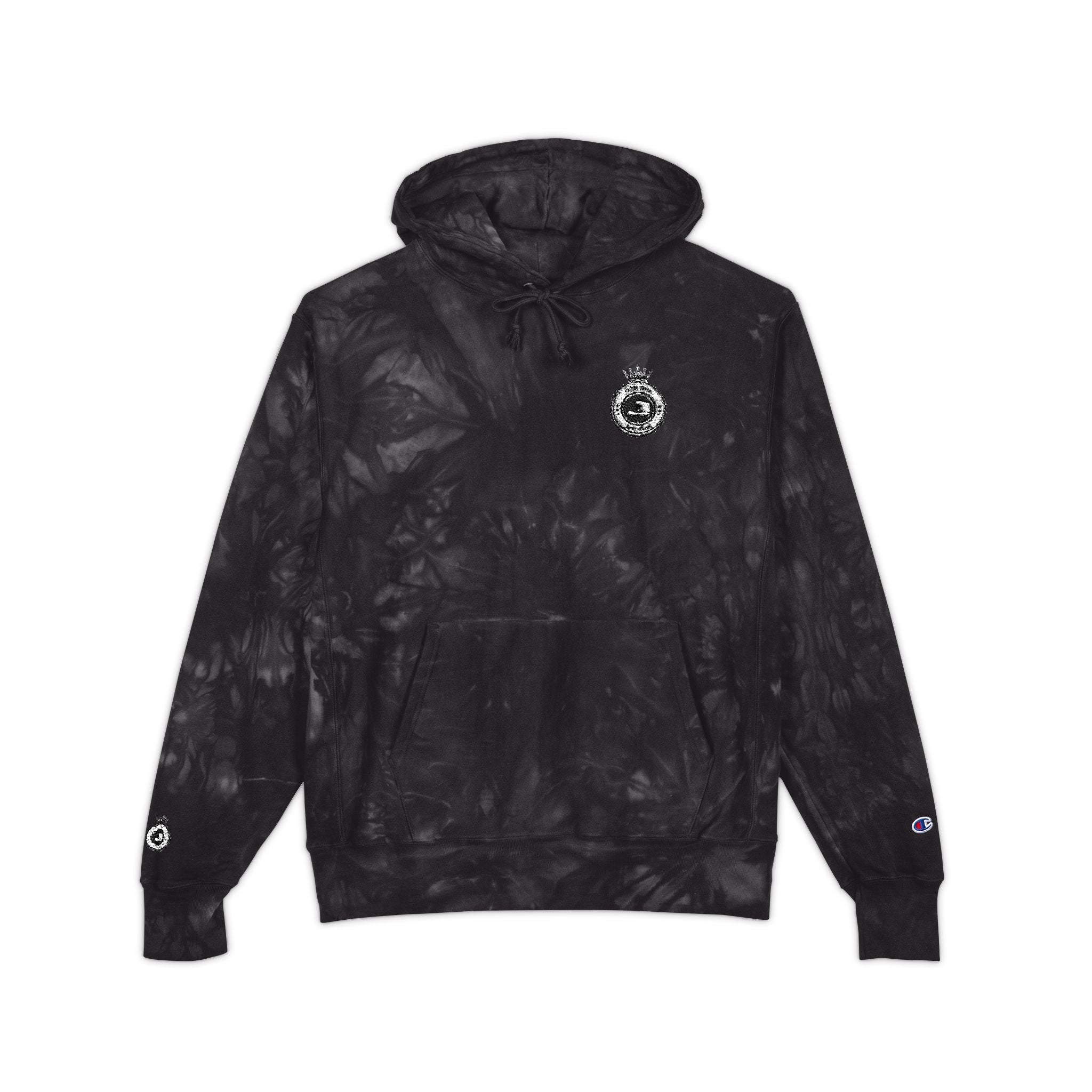 Tie-Dye Champion Hoodie — Embroidered Skull Crest