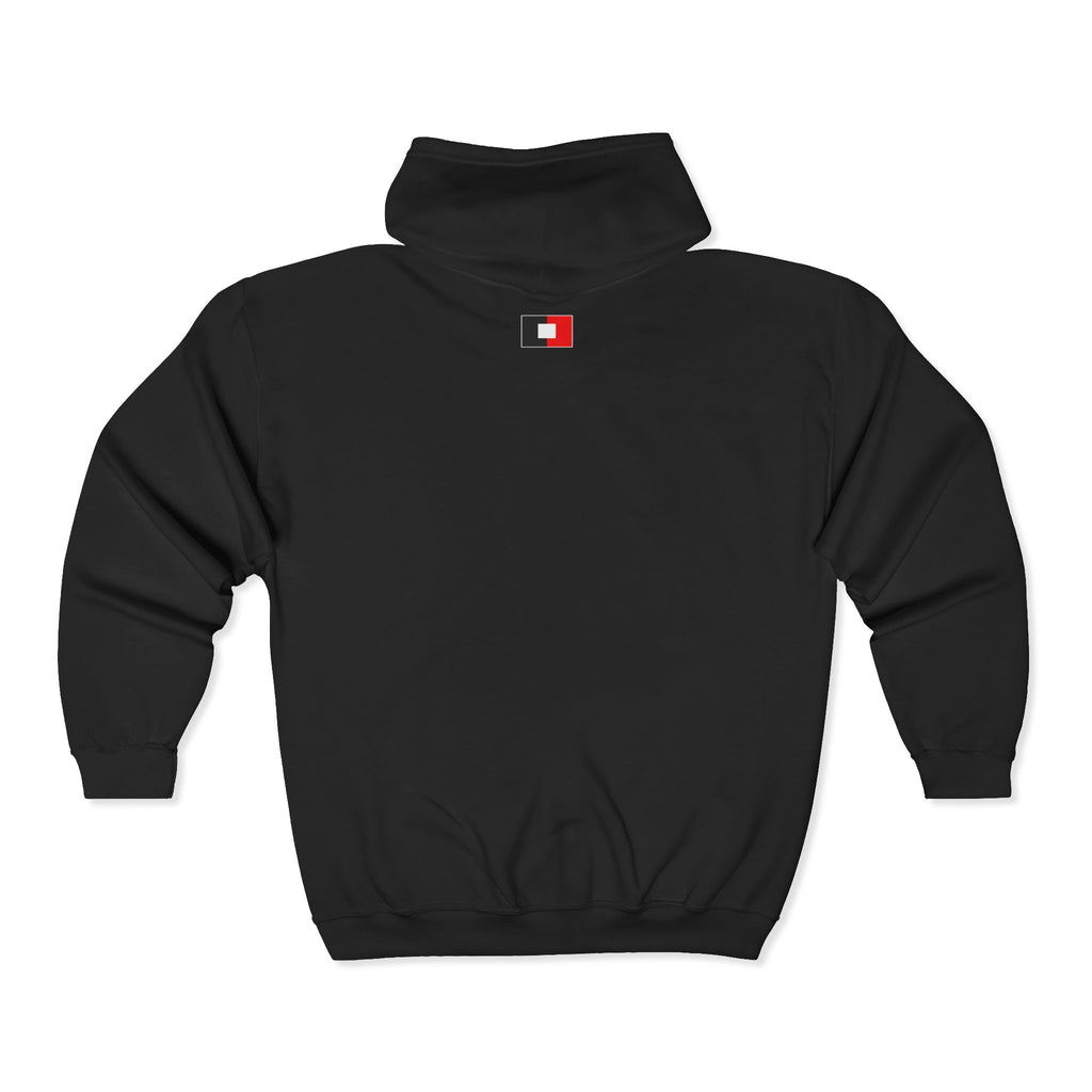 Minimalist Emblem Zip Hoodie — Small Crest Logo on Chest & Flag Detail